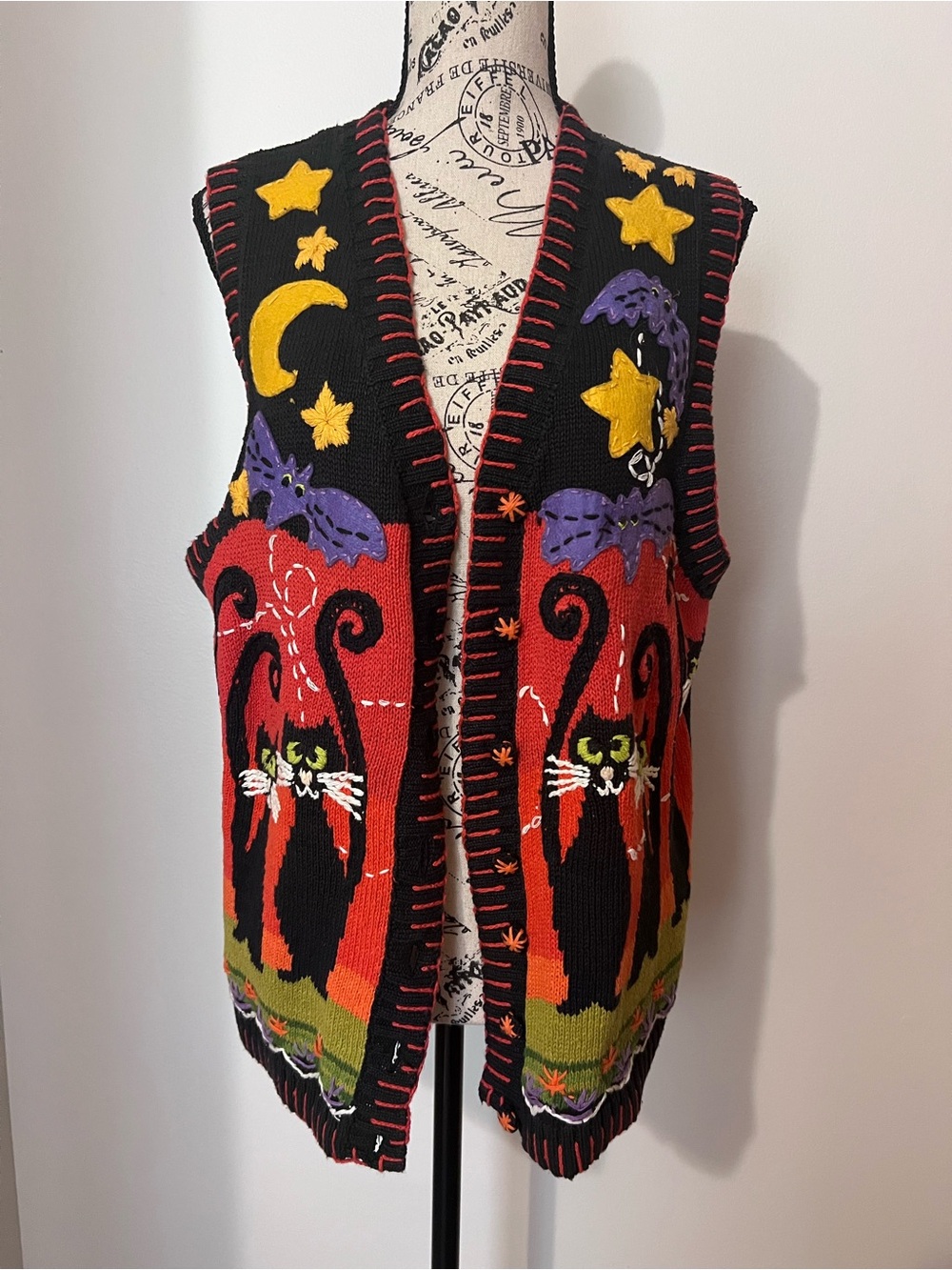 Vintage Tiara International Halloween Sweater Vest Medium Spooky Black Cats/Bats